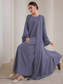 Graceveil 2pcs Women Traditional Long Dress & Abaya Coat Set Modest - Dusty Blue - View 4