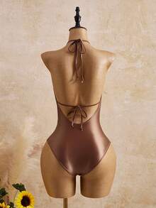 Swim SXY 1pc Women's One-Piece Swimsuit,Coffee Brown Summer Elegant Beach Holiday, Plunging Neckline Open Back Starfish Decor Tummy Control Shiny Swimwear - Brown - View 8