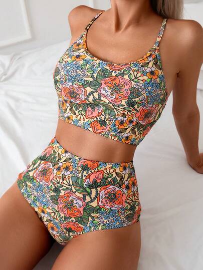Swim Lushoire Random Printed Tankini Set For Beach In Summer Vacation Two Pieces Sethigh Waisted Bikini Set
