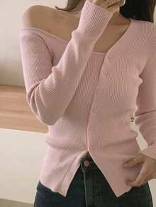 DAZY Cardigan Wanita Kasual Warna Polos dengan Kerah Asimetris - Berwarna merah muda - View 2