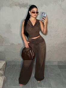 SHEIN SXY 女士修身荒原风棕色铆钉连帽背心 - 棕色 - 查看 3