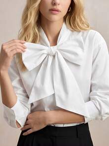 BizChic Women's Casual Elegant Knotted Button Front Shirt, Versatile Blouse For Business, Office, Casual Wear, Spring/Summer - White - View 4