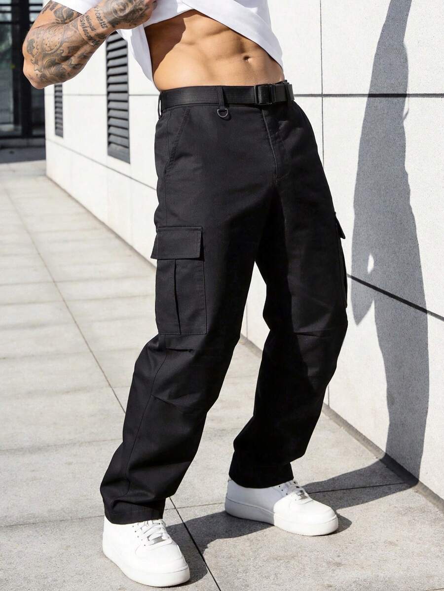 Manfinity Homme 男士黑色工装裤，宽松休闲多口袋工作裤，时尚百搭 - 黑色 - 查看 1