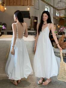 女士度假韩版纯色系带优雅休闲连衣裙 - 白色 - 查看 10