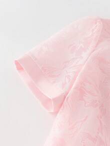 Franclia Women's Pink Floral Elegant Summer Holiday Tea Party Blouse,French Chic Jacquard Puff Sleeves Ruffle Hem Shirt With Lapel Collar,Holiday Commute Top - Pink - View 8