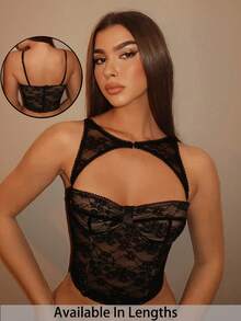 SHEIN PETITE CURVE 大码女式蕾丝上衣，黑色吊带背心，可拆卸胸衣露脐上衣，适合音乐节、假日、演唱会等场合穿着 - 黑色 - 查看 3