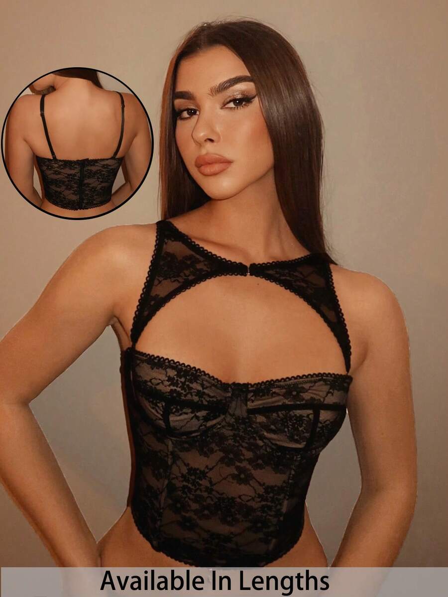SHEIN PETITE CURVE Áo ren cỡ lớn dành cho nữ, áo hai dây màu đen, áo corset rời, áo croptop cho lễ hội âm nhạc, kỳ nghỉ, trang phục đi xem hòa nhạc. - màu đen - Xem 1