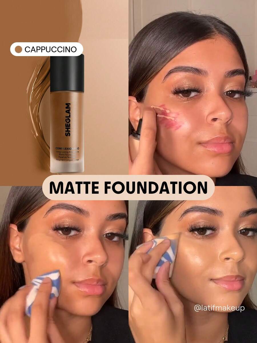 SHEGLAM Complexion Pro Long Lasting Breathable Matte Foundation-Cappuccino Matte Sweat-Proof Foundation Oil Control Full Coverage Pore-Less Concealer Waterproof Flawless Non-Fading Weightless Liquid Foundation Brand Beauty Makeup Face Paint Cosmetic For Women Girls Perfect For Spring Summer Ideal For Y2K Fancy Fashion Suitable For Birthday Mother'S Day Gift Rave Party Ready Best Color - Cappuccino - View 1