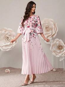 SHEIN 孕妇优雅印花荷叶袖系带连衣裙，度假风 - 淺粉色 - 查看 3