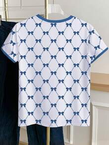 Resyla Women's Casual Bow Print Short Sleeve Ringer Tee, Fashionable Daily Commute, Summer - White - View 2