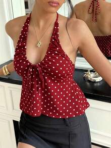 SHEIN Raffinéa Women's Spring/Summer New White Halter Neck Bowknot Drawstring Deep V-Neck A-Line Elegant Sexy Elegant Camisole Golf - Burgundy - View 1