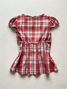 SHEIN V领短袖修身女式上衣 - 紅色 - 查看 2