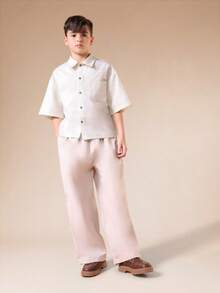 SUMWON Áo sơ mi ngắn tay dáng rộng cho bé trai, cài cúc, có cổ, túi ngực, kiểu dáng đơn giản, thích hợp cho mùa hè. - Màu be - Xem 4