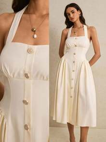 Halter Neck Elegant White Midi Dress For Women - Halter Neck A-Line Summer Dress With Gold Buttons, Wedding Guest & Spring Outfits,Summer,Summer Dresses For Women Luxury Dresses For Women Halter Neck Dress Button Down Dress Chic Dresses For Women New In Dresses - Beige - View 4