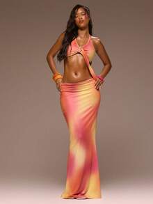 MUSERA Gold Trim Detail Cut Out Slinky Ombre Maxi Dress Girly Spring Summer Vacation Night Out Cute Occassion Golden Sands - Multicolor - View 1