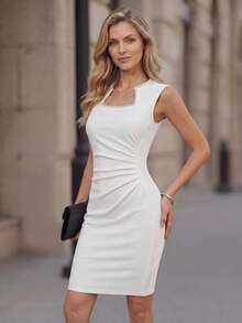 Editum Women's White Ruched Dress With Faux Pearl Embellishment - White - View 6