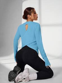SHEIN Sovereign Charm Áo thun thể thao dài tay tối giản màu trơn, lưng khoét rỗng dành cho nữ, thích hợp cho mùa xuân/thu. - Màu xanh bạc hà - Xem 3
