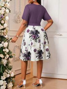 SHEIN Lady Đầm ngắn tay thắt eo in hoa thanh lịch dành cho nữ cỡ lớn, thích hợp cho kỳ nghỉ. - Nhiều màu - Xem 2