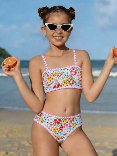 SHEIN Tween Girl Snyggt Blommigt Bandeau Bikiniset, Lämplig För Semester, Retro, Strand, Hav, Elegant, Söt