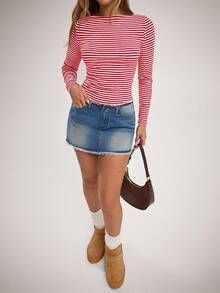 SHEIN Forever 21 Women's Striped Boatneck Long Sleeve Slim Fit Casual T-Shirt - Red - View 4