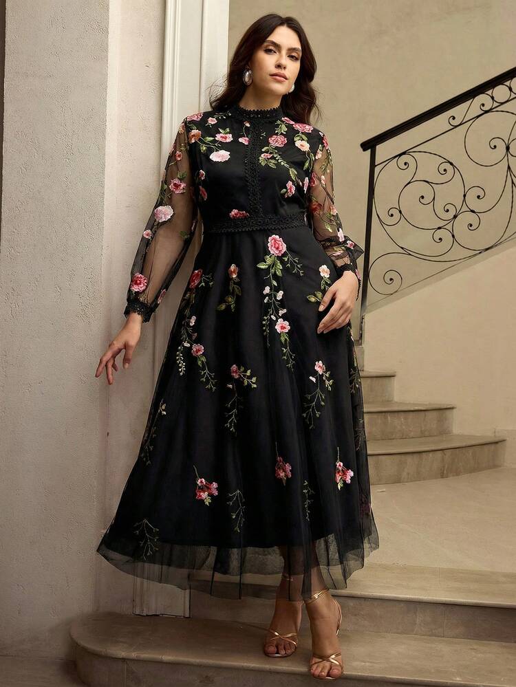 ZEYLAH Plus Size Women Floral Print Ruched Collar Fashion Party Dress - Black - View 1