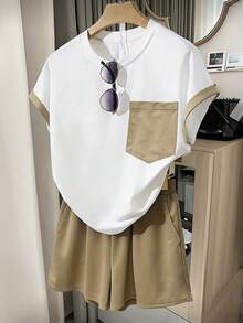 Franclia Conjunto Esportivo Casual de 2 Peças Inspirado em Kendall, Estilo Retrô Americano de Rua, Camiseta Gola Redonda com Recortes em Morcego e Bolso Contrastante + Calça Esportiva Casual com Cintura Elástica, Novo Conjunto de Camiseta de Manga Curta e Shorts Fashionable Slimming para Verão, Adequado para Uso Casual Diário, Encontro com Amigos, Fotografia de Rua, Férias, Esportes ao Ar Livre e Outras Ocasiões - Caqui - Visão 3