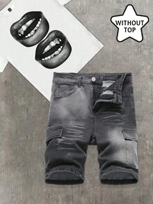 SHEIN Teen Boy Fashion Homecoming Streetwear Mix And Match Versatile Design Y2k Vintage Cool Street Comfortable Pocket Design And Gradient Street Fashion Design Tight Denim Shorts For Teen Boy Clothes Teen Boy Dailywear And Teen Boy Spring To Summer Rave Outfits Festival And Outfits Streetwear Clothes Homecoming - Grey - View 1