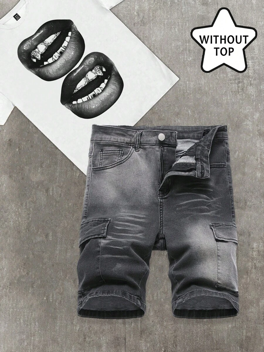 SHEIN Teen Boy Fashion Homecoming Streetwear Mix And Match Versatile Design Y2k Vintage Cool Street Comfortable Pocket Design And Gradient Street Fashion Design Tight Denim Shorts For Teen Boy Clothes Teen Boy Dailywear And Teen Boy Spring To Summer Rave Outfits Festival And Outfits Streetwear Clothes Homecoming - Grey - View 1