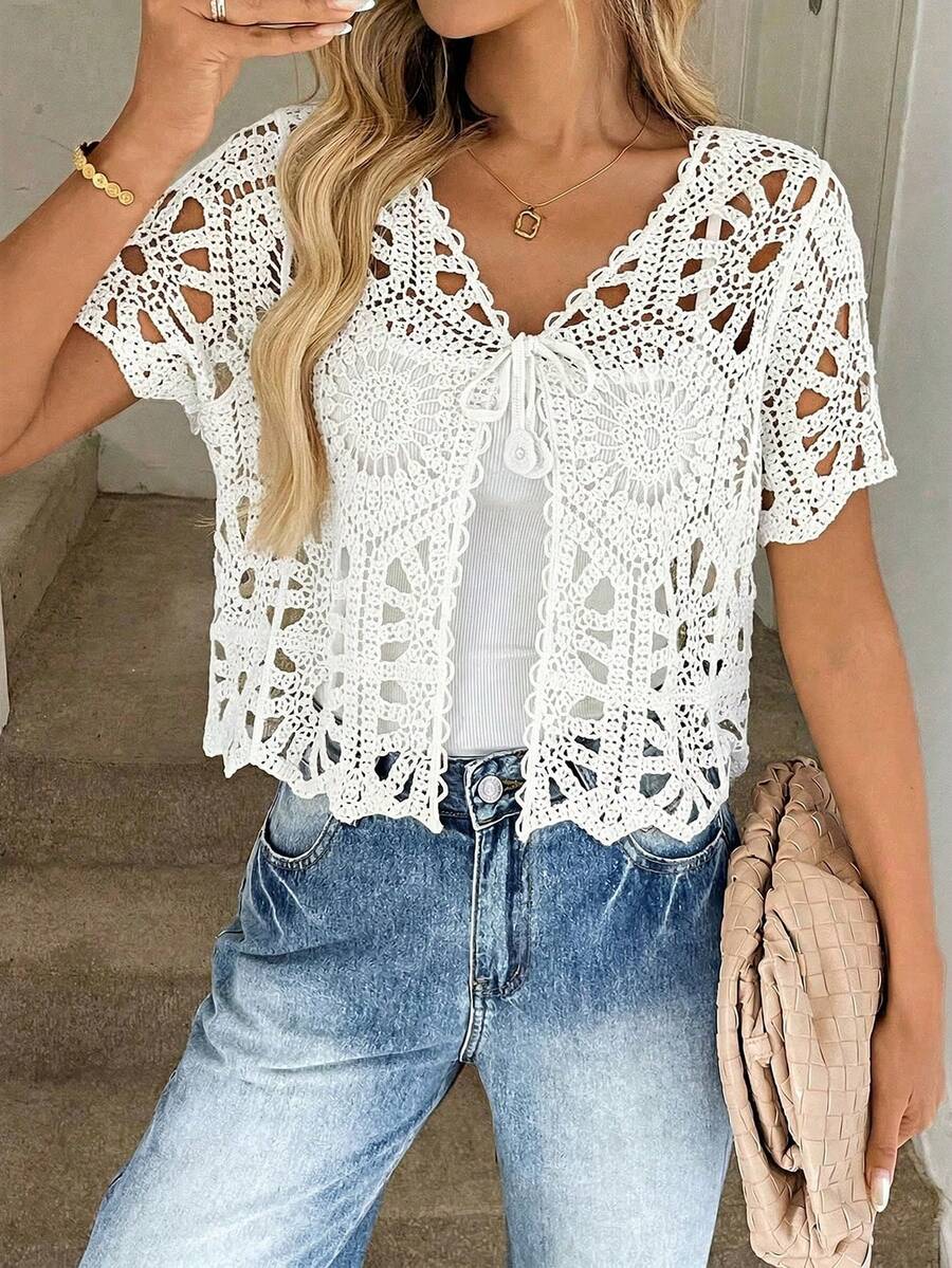 SHEIN LUNE Áo khoác len nữ cỡ lớn màu mơ, tay ngắn, có dây đeo, kiểu dáng khoét eo. - trắng - Xem 1