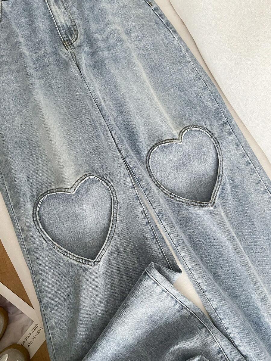 Flirla Women's Heart Cutout Wide Leg Jeans - Blue - View 1