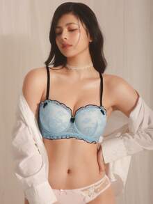 DelicateAllure 女士优雅蕾丝蝴蝶结装饰文胸 - 藍色 - 查看 5
