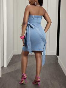 BamGleam 女式牛仔装扮 春季弹力性感浅蓝色牛仔连衣裙 - 淺色水洗藍 - 查看 2