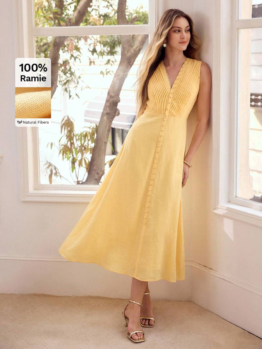 MOTF PREMIUM WOMEN'S 100% LINEN V-NECK SLEEVELESS MID-LENGTH DRESS, SUITABLE FOR DATES AND VACATIONS - Yellow - View 2