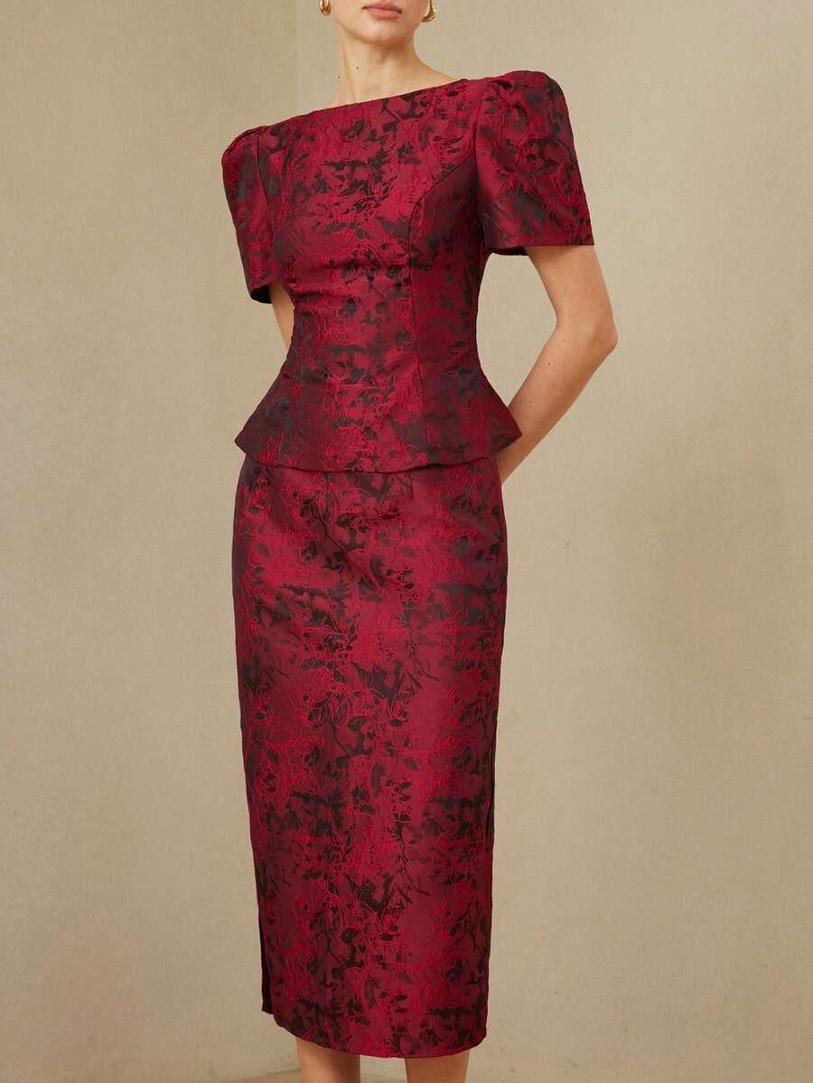 Aveloria Rosie 法式复古优雅女士奢华高端设计提花面料单肩花瓣袖露脐上衣搭配直筒裙，两件套 - 彩色 - 查看 1