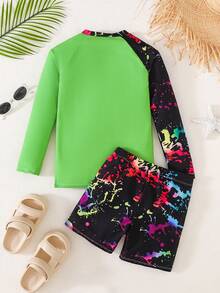 SHEIN Bộ đồ bơi hai mảnh kiểu tankini ôm sát người, họa tiết trò chơi điện tử phát sáng trong bóng tối, thích hợp cho bé trai tuổi teen, mùa xuân/hè và kỳ nghỉ biển. - Nhiều màu - Xem 2
