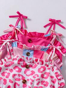 SHEIN Genkimix Kids 3件套少女休闲度假可爱碎花条纹纯色连体衣，适合多子女家庭、海滩度假、户外玩耍、上学等场合。 - 彩色 - 查看 5