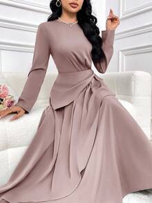 Veilorie Women's Solid Color Round Neck Long Sleeve Ruffle Hem Maxi Elegant Dress Long Evening Dresses - Dusty Pink - View 4
