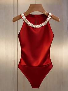 Franclia Fitted Sexy Halter Beaded Bodysuit For Women - Red - View 3
