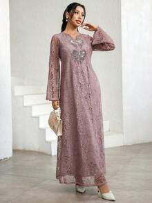 Al Najma Damen Kleid mit Strass-Schleife, Glockenärmeln, Spitze und elegantem arabischem Stil - Pink - Übersicht 4