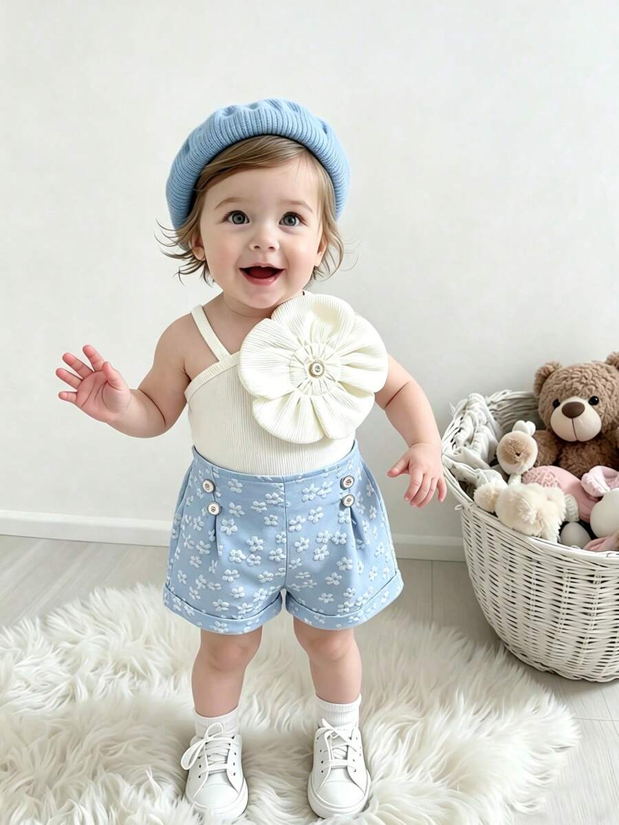 SHEIN Playful Pals 女婴夏季优雅甜美纯色罗纹不对称吊带花卉装饰上衣搭配粉色条纹短裤套装,适合街拍和旅行 - 藍白色 - 查看 1