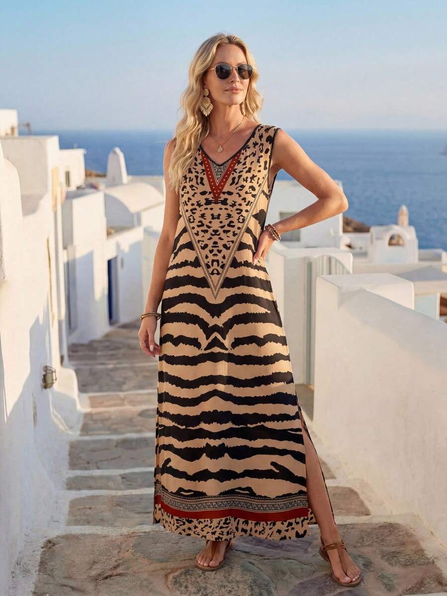 EMERY ROSE Women's Casual Minimalist Super Long Dress,Summer Boho Vacation Holiday Black Leopard Animal Zebra Print Maxi Dress,Suitable For Spring,Casual - Multicolor - View 1