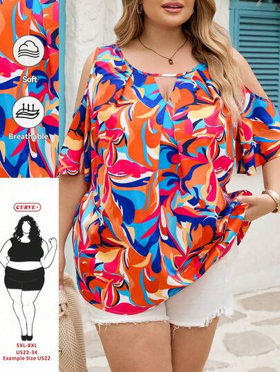 SHEIN CURVE+ Plus Size Women's Off-Shoulder Keyhole Neck Printed Blouse, Suitable For Summer Vacation, Beach Wear, Bohemian Style