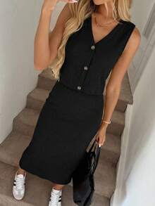 SHEIN LUNE VKing Button Front Vest And Slit Hem Pencil Skirt Set, Solid Color Textured Fabric, Casual Vacation Elegant Outfit For Women, Spring/Summer - Black - View 6