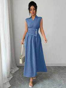 SHEIN Elenzya Women's Spring/Summer Collared Waist-Cinched Solid Color Textured Fabric A-Line Long Dress, Suitable For Commuting, Outings - Blue - View 4