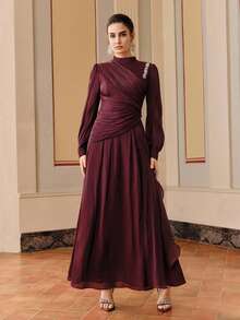 Anewsta Vestido elegante e brilhante com drapeados e mangas compridas, ideal para primavera/verão, festas, casamentos, Ano Novo e Dia dos Namorados. - Violeta vermelha - Ver 5