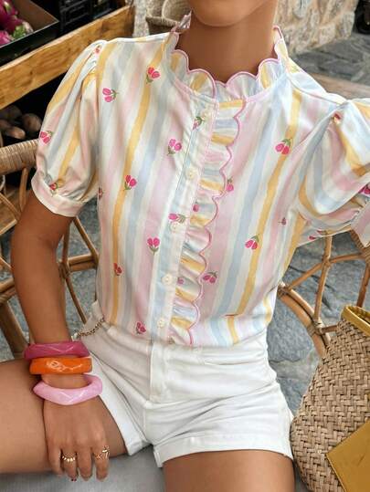 Weeklong Plus Size Colorful Dopamine Stripe Print Short Sleeve Shirt, Scalloped Petal Collar Embroidered Contrast Trim Elegant Casual Vacation Top For Women Spring Summer