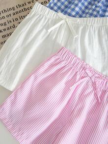 SHEIN 3件套少女梭织纯色条纹格子休闲短裤套装，三件套少女夏季短裤，少女服装，少女短裤，格子短裤，条纹短裤，柔软透气，少女弹力腰带短裤，夏季舒适日常穿着 - 彩色 - 查看 6