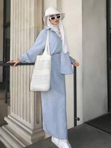 Mulvari Bộ áo và chân váy thanh lịch dành cho nữ, thích hợp mặc hàng ngày. - Màu xanh lam - Xem 6