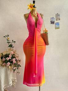 Soleia Đầm ôm sát gợi cảm hở lưng, buộc dây phía trước, kiểu ombre, xếp ly, vạt đuôi cá, thích hợp cho kỳ nghỉ biển. - Hồng - Xem 9