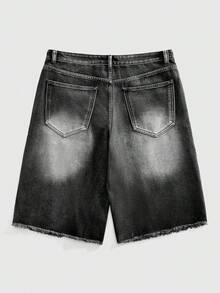 ROMWE MEN Goth 男士宽松水洗印花直筒休闲牛仔短裤 - 黑色 - 查看 2
